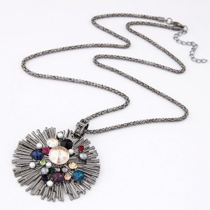 Multi-color Rhinestone Attached Radiation Shape Pendant Necklace