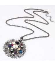 Multi-color Rhinestone Attached Radiation Shape Pendant Necklace