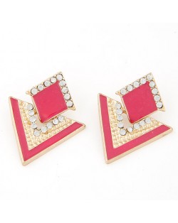 Korean Fashion Rhinestone Inlaid Oil-spot Glazed Rhombus Ear Studs - Rose