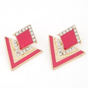 Korean Fashion Rhinestone Inlaid Oil-spot Glazed Rhombus Ear Studs - Rose