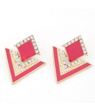 Korean Fashion Rhinestone Inlaid Oil-spot Glazed Rhombus Ear Studs - Rose