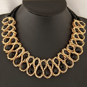 Weaving Design Metallic Wire Crystal Inlaid Costume Necklace - Black