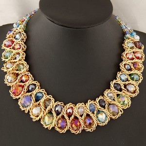 Weaving Design Metallic Wire Crystal Inlaid Costume Necklace - Multicolor