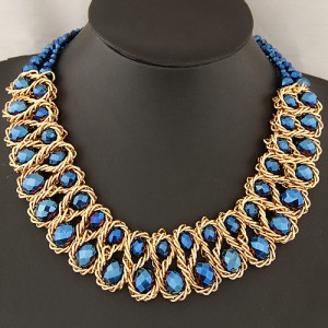 Weaving Design Metallic Wire Crystal Inlaid Costume Necklace - Blue