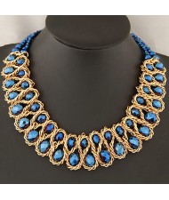Weaving Design Metallic Wire Crystal Inlaid Costume Necklace - Blue