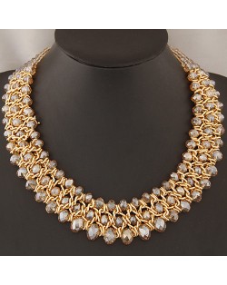 Golden Wire Connected Triple Lines Crystal Costume Necklace - Champagne