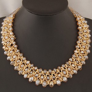 Golden Wire Connected Triple Lines Crystal Costume Necklace - Champagne