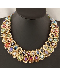 Golden Wire Connected Triple Lines Crystal Costume Necklace - Multicolor
