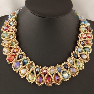 Golden Wire Connected Triple Lines Crystal Costume Necklace - Multicolor