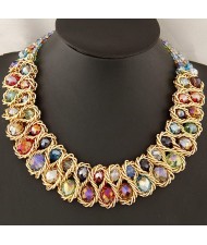 Golden Wire Connected Triple Lines Crystal Costume Necklace - Multicolor