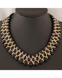 Golden Wire Connected Triple Lines Crystal Costume Necklace - Black