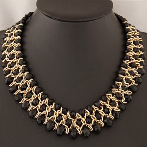 Golden Wire Connected Triple Lines Crystal Costume Necklace - Black