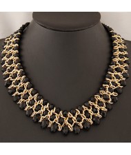 Golden Wire Connected Triple Lines Crystal Costume Necklace - Black
