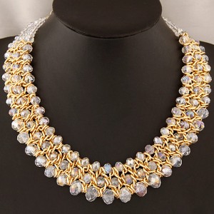Golden Wire Connected Triple Lines Crystal Costume Necklace - Transparent