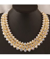 Golden Wire Connected Triple Lines Crystal Costume Necklace - Transparent