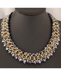 Golden Wire Connected Triple Lines Crystal Costume Necklace - Ink Blue