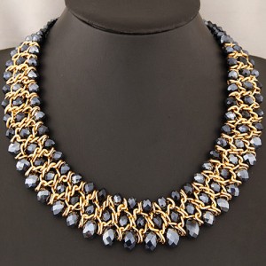 Golden Wire Connected Triple Lines Crystal Costume Necklace - Ink Blue