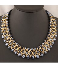 Golden Wire Connected Triple Lines Crystal Costume Necklace - Ink Blue