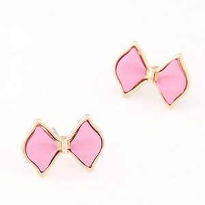 Korean Fashion Golden Rimmed Cute Bowknot Ear Studs - Pink