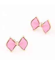 Korean Fashion Golden Rimmed Cute Bowknot Ear Studs - Pink