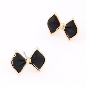 Korean Fashion Golden Rimmed Cute Bowknot Ear Studs - Black