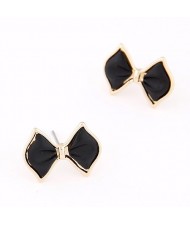 Korean Fashion Golden Rimmed Cute Bowknot Ear Studs - Black