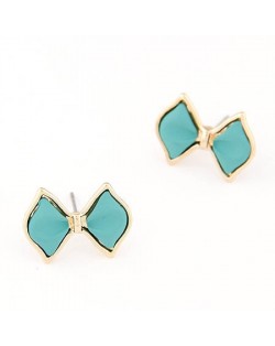 Korean Fashion Golden Rimmed Cute Bowknot Ear Studs - Blue