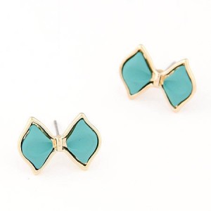 Korean Fashion Golden Rimmed Cute Bowknot Ear Studs - Blue