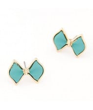 Korean Fashion Golden Rimmed Cute Bowknot Ear Studs - Blue