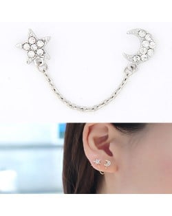 Korean Fashion Rhinestone Embedded Moon and Star Unilateral Earring - Silver