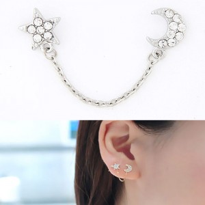 Korean Fashion Rhinestone Embedded Moon and Star Unilateral Earring - Silver