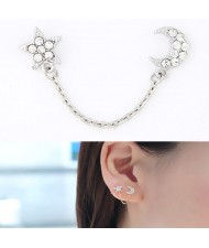 Korean Fashion Rhinestone Embedded Moon and Star Unilateral Earring - Silver