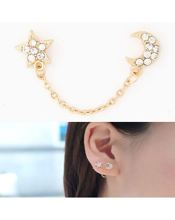 Korean Fashion Rhinestone Embedded Moon and Star Unilateral Earring - Golden