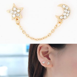 Korean Fashion Rhinestone Embedded Moon and Star Unilateral Earring - Golden