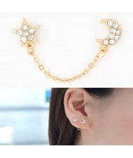 Korean Fashion Rhinestone Embedded Moon and Star Unilateral Earring - Golden