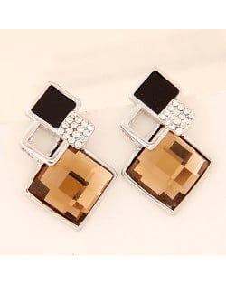 Rhinestone and Glass Gem Inlaid Squares Combo Design Earrings - Champagne