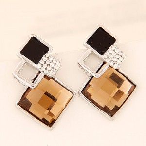Rhinestone and Glass Gem Inlaid Squares Combo Design Earrings - Champagne