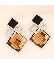Rhinestone and Glass Gem Inlaid Squares Combo Design Earrings - Champagne