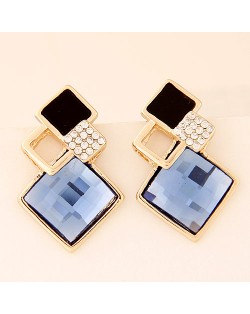 Rhinestone and Glass Gem Inlaid Squares Combo Design Earrings - Blue