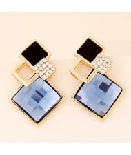 Rhinestone and Glass Gem Inlaid Squares Combo Design Earrings - Blue