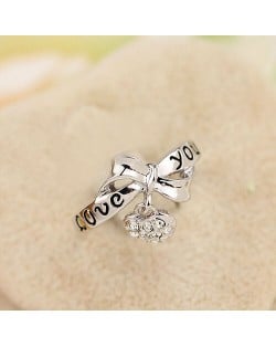 Bowknot with Rhinestone Inlaid Dangling Heart Design Platinum Plated Alloy Ring