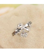 Bowknot with Rhinestone Inlaid Dangling Heart Design Platinum Plated Alloy Ring