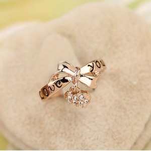 Bowknot with Rhinestone Inlaid Dangling Heart Design Rose Gold Ring