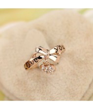 Bowknot with Rhinestone Inlaid Dangling Heart Design Rose Gold Ring