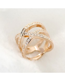 Austrian Rhinestone Embedded Crossing Design Knuckle Ring - Rose Gold