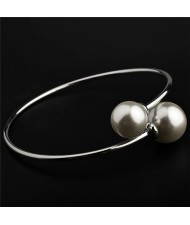 Graceful Twin Pearls Fashion Open-end Design Platinum Plated Alloy Bangle