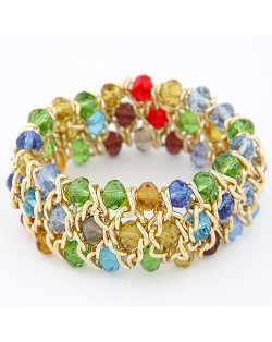 Korean Fashion Crystal Inlaid Metallic Weaving Style Elastic Bracelet - Multicolor