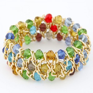 Korean Fashion Crystal Inlaid Metallic Weaving Style Elastic Bracelet - Multicolor