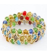 Korean Fashion Crystal Inlaid Metallic Weaving Style Elastic Bracelet - Multicolor