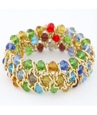 Korean Fashion Crystal Inlaid Metallic Weaving Style Elastic Bracelet - Multicolor